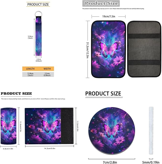 Purple Butterfly Car Accessories Set of 18, Car Seat Cover Full Set with Auto Steering Wheel Cover Floor Mats Armrest Pad Covers Seat Belt Pads Roof Handle Wraps Cup Coaster Keychain