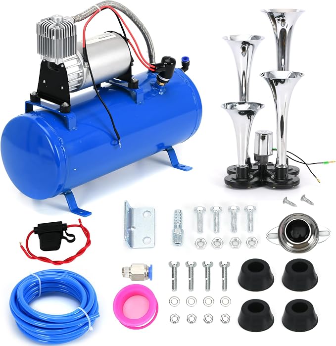PTNHZ 150DB Train Horns Kit 12V 150PSI Air Compressor Tank Pump w/6 Liter 1.6 Gallon Tank + Super Loud Sliver 4 Double Row Trumpet For Train Truck Boat Pickup Motorhome