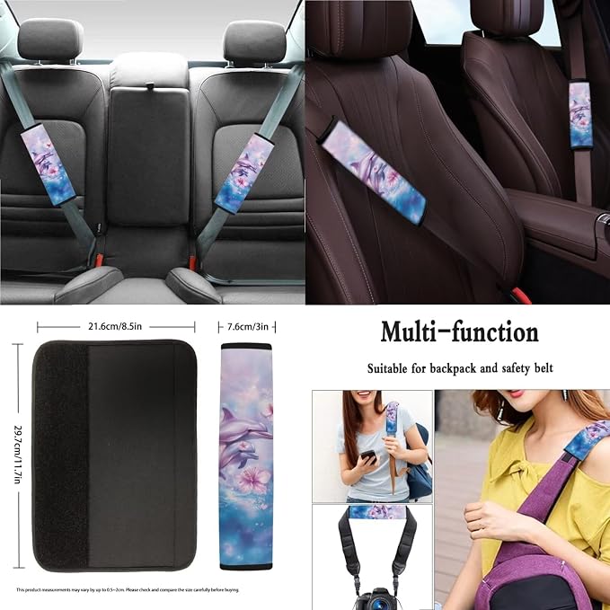 Suobstales Dolphin Hibiscus Print Car Seat Covers Front Back Split Bench Protector for SUV Truck Van, 15 Inch Steering Wheel Covers, Seat Belt Covers, Coasters, Keychain Auto Decor for Women Men