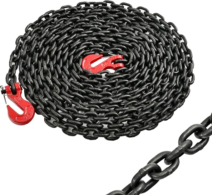 Heavy Duty G80 Transport Binder Chain 1/4'' Inch x 20 Feet,Tow Chain with G70 Clevis Grab Hooks,3300 lbs Safe Working Load Logging for Transporting, Towing(1/4'' x 20FT Black).