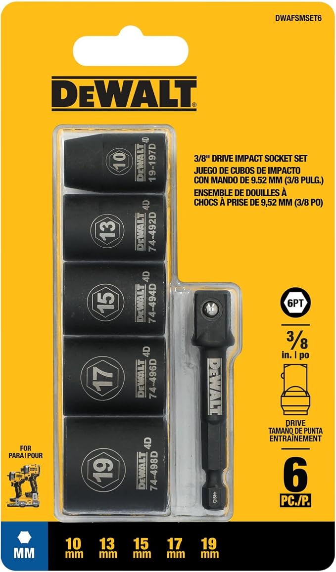 DEWALT 3/8 Socket Set, 6 Pcs Metric Impact Socket Set, 6 point, 10 mm to 19 mm, Includes 1/4 inch Adapter, for Cordless and Corded Impact Drivers and Wrenches (DWAFSMSET6)