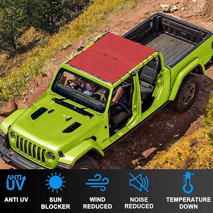 JT Top Sun Shade Roof Compatible with Jeep Gladiator 4 Door 2018 to 2023 Sunshade Sunroof Bikini Cover Blocks UV Wind Noise Cherry Red Mesh for Full Length