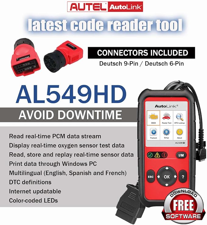 Autel AutoLink AL529HD Read/Erase Heavy Duty Engine DTCs Deutsch 9-Pin & 6-Pin Adapters One-Touch I/M Readiness/LED Indicator Support All 10 OBDII Test Modes Enhanced Mode 6 Diagnostics