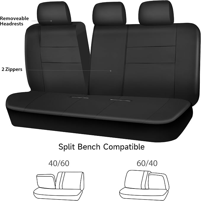 CAR PASS Leather Back Seat Cover, Universal Waterproof Bench Rear Seat Cover Zipper Split Rear Bench Protector Fit 95% Automotive Interior Covers for Cars Sedans SUVs (Rear,All Black)