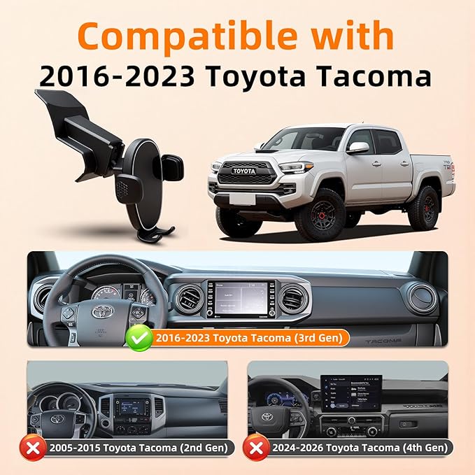 Phone Mount for Toyota Tacoma (2016-2023, 3rd Gen), 360° Adjustable Dashboard Phone Holder, Hands Free Car Smartphone Mount for iPhone, Google & Android, 2020 2021 Toyota Tacoma Interior Accessories
