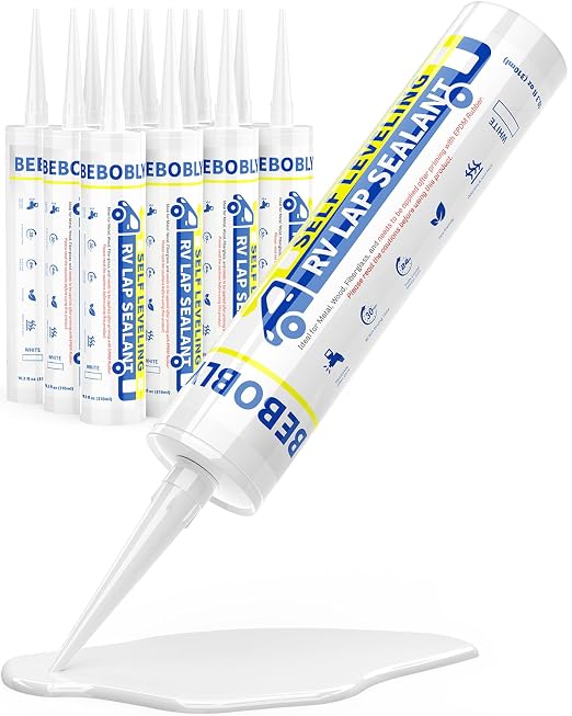 RV Roof Sealant, Self Leveling Lap Sealant White, RV Caulking Waterproof, Flexible & Non-Cracking, Lap Caulking for Camper, Trailer & Motorhome Roof Repair, Secure Odorless (12 Packs)