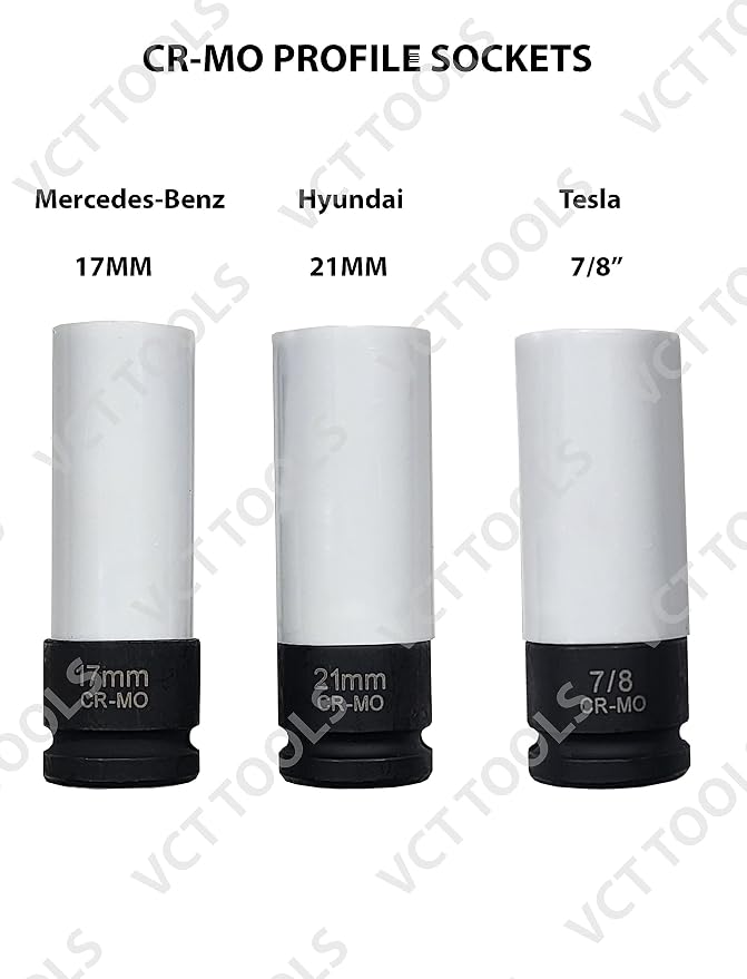 VCT 11pc Metric and SAE Wheel Nut Protector Impact Socket Set, 1/2" Drive, Includes specialty sockets compatible with Telsa, Hyundai, Mercedes-Benze