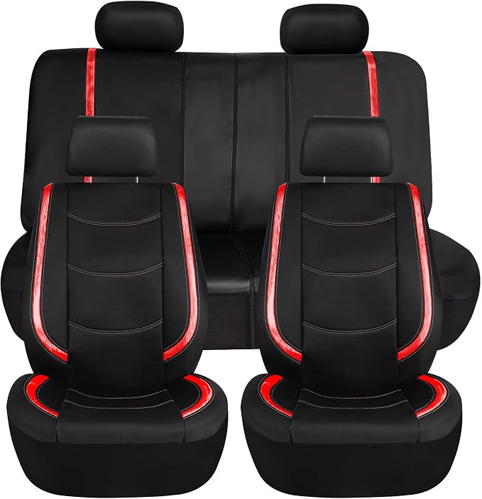 FH Group Galaxy13 Metallic Striped Deluxe Leatherette Car Seat Covers with Matching Carpet Floor Mats – Full Set, Universal Fit, Airbag Compatible for Cars, SUVs & Sedans, Red
