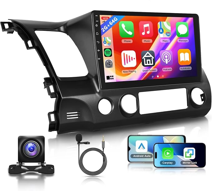 2G+64G Car Stereo Radio for Honda Civic 2006-2011 with Wireless CarPlay Android Auto, 10.1 Inch Android 13 Touch Screen Head Unit, HiFi Audio GPS Navigation WiFi Bluetooth SWC HD Backup Camera