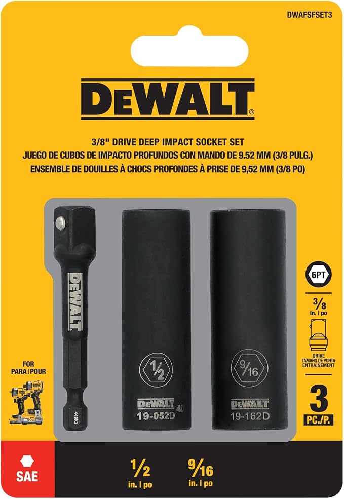 DEWALT 3/8 Deep Impact Socket Set, 3 Pcs Standard SAE Socket Set, 5/16 Inch to 3/4 Inch, Includes 1/4 inch Adapter (DWAFSFSET3)