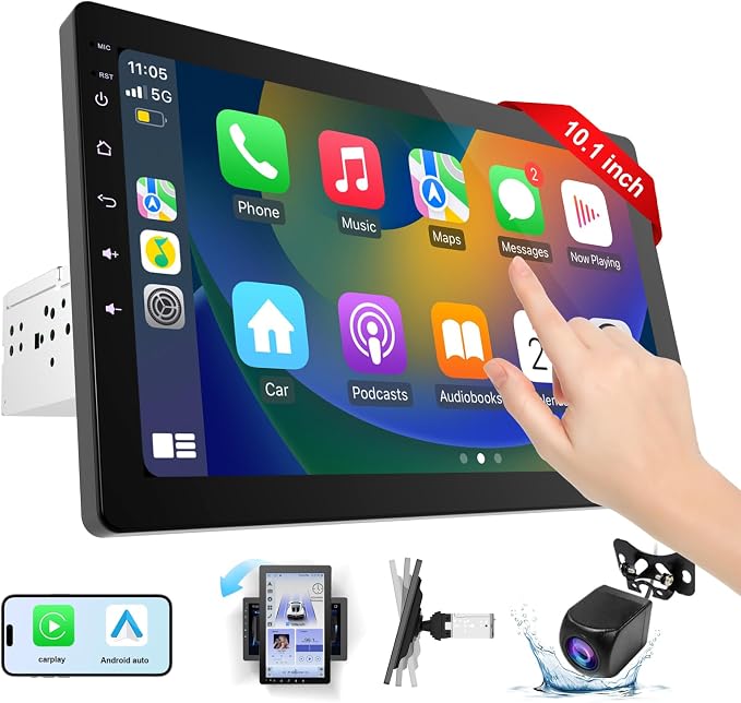 10.1 Inch Rotatable Carplay Screen for Car and Android Auto,Single Din Car Stereo with 720P Backup Camera,Touch Screen GPS Navigation,Bluetooth,Voice Control