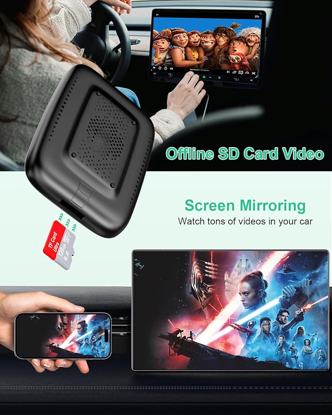 2025 New 4-in-1 Wireless CarPlay Adapter Support Netflix/YouTube/TF, Android Auto & Carplay Adapter with USB-A and USB-C Cables,Convert Wired to Wireless Apple Dongle, Video Box Car Play for iOS 10+