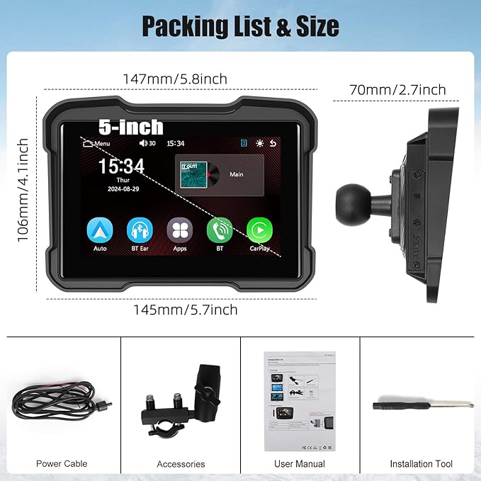 Motorcycle GPS Navigation System with Wireless Carplay Android Auto 5" Moto CarPlay Screen with Dual Bluetooth, Navigation/Siri/G00gle Assistant Waterproof