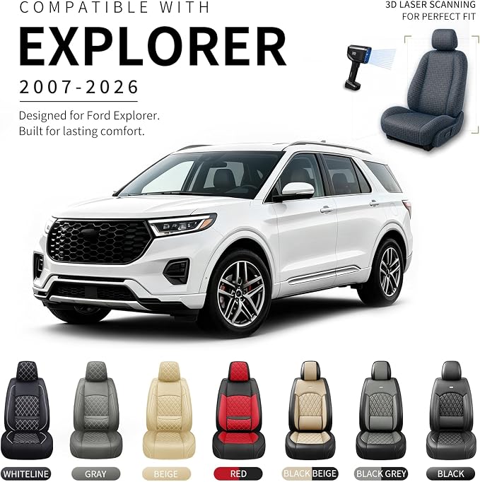 Fit Explorer Car Seat Covers for Ford Explorer 2007-2025 2026 - Luxury Leather, Anti-Slip, All-Weather Seat Cushions, Waterproof & Breathable, Airbag Compatible, Full 5-Seat Set (Black)