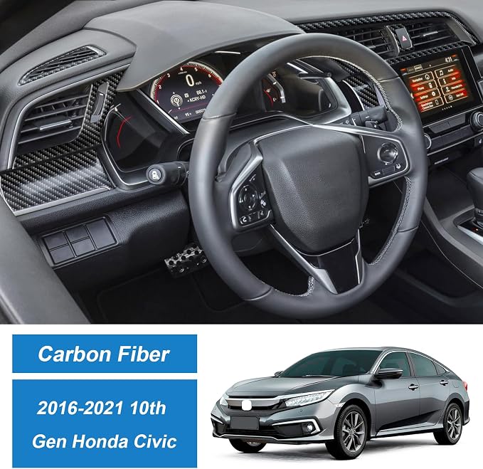 10PCS Real Carbon Fiber Interior Trim Kit Compatible with 2016-2021 10th Gen Honda Civic – Center Console Dashboard, Gear Panel, AC Air Vent, Interior Decor Sticker Accessories