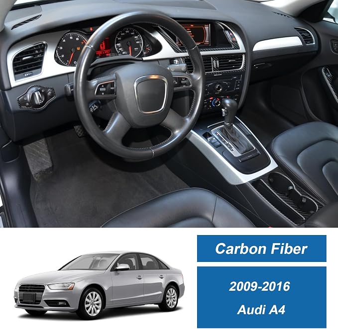 13PCS Real Carbon Fiber Interior Trim Kit Compatible with 2009–2016 Audi A4, Full Set Decor Stickers for Gear Shift, Center Console, Cup Holder, Door Armrest, Headlight Switch, Keyhole Frame