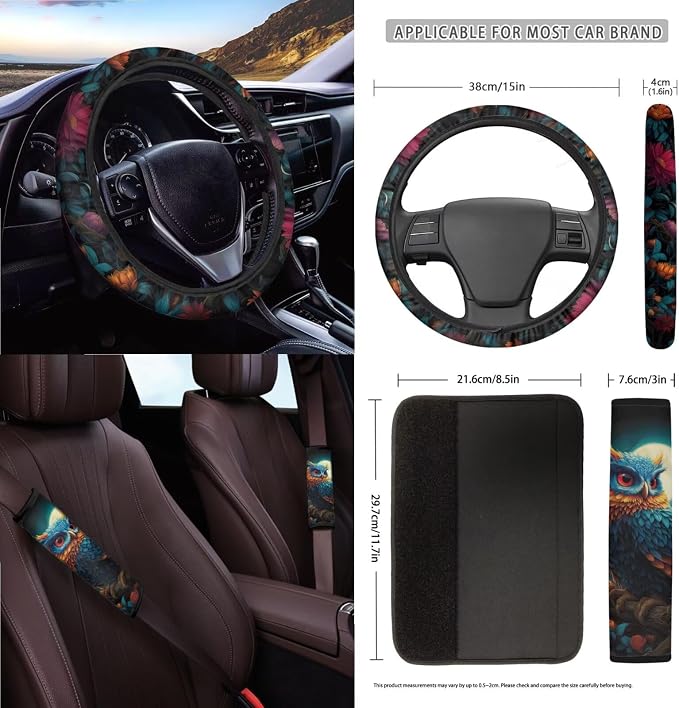 Owl Moon Print Auto Seat Covers Full Set for Women Dust-Proof Decorative Car Seat Cover for Front Back Seats with Steering Wheel Protector Safety Belt Pads etc