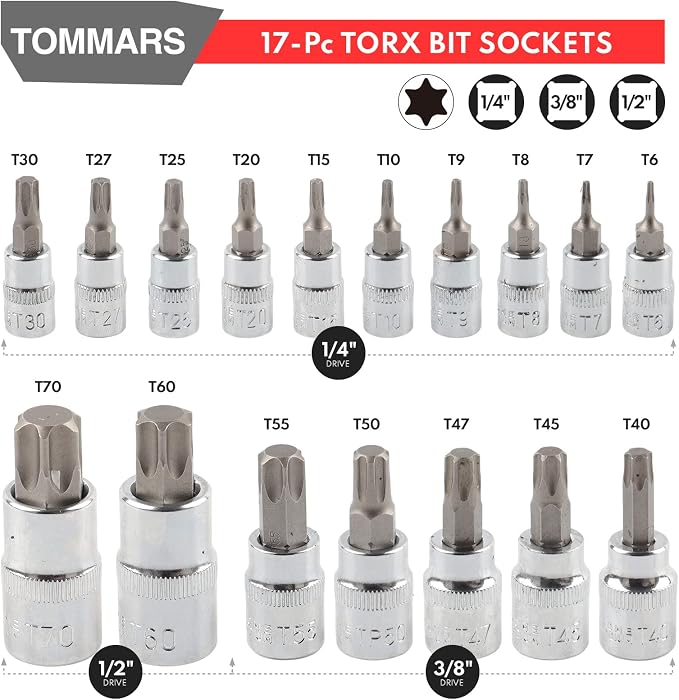 TOMMARS 14-PC Long Torx Bit Socket Set T10-T70 & 60-Pc Master Torx Bit Socket and External Socket Set