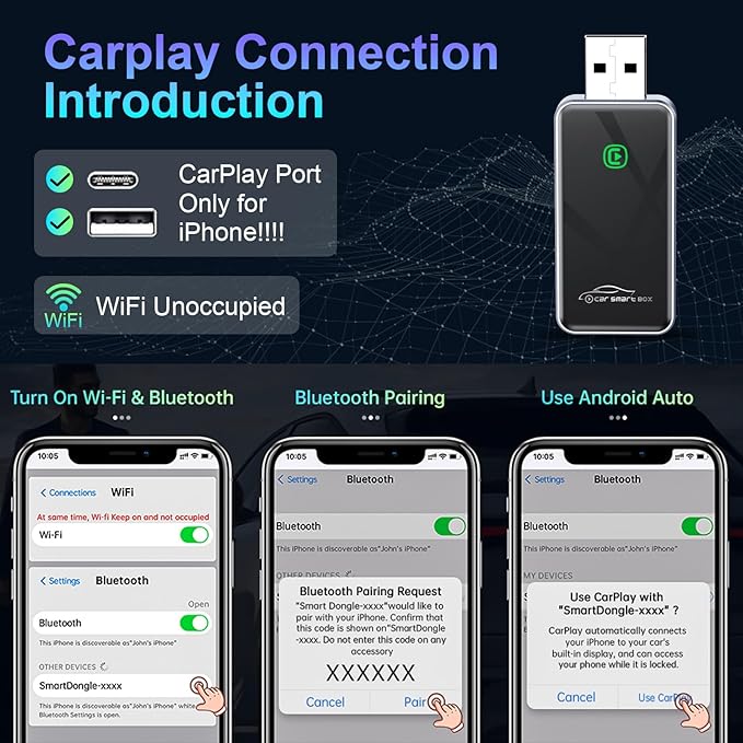 Wireless CarPlay Adapter for iPhone, HD Navigation Vehicle-Level Chip Stable Connect, Bluetooth CarPlay Plug & Play Convert Wired to Wireless CarPlay Adapter iOS 10+ & Cars from 2015+