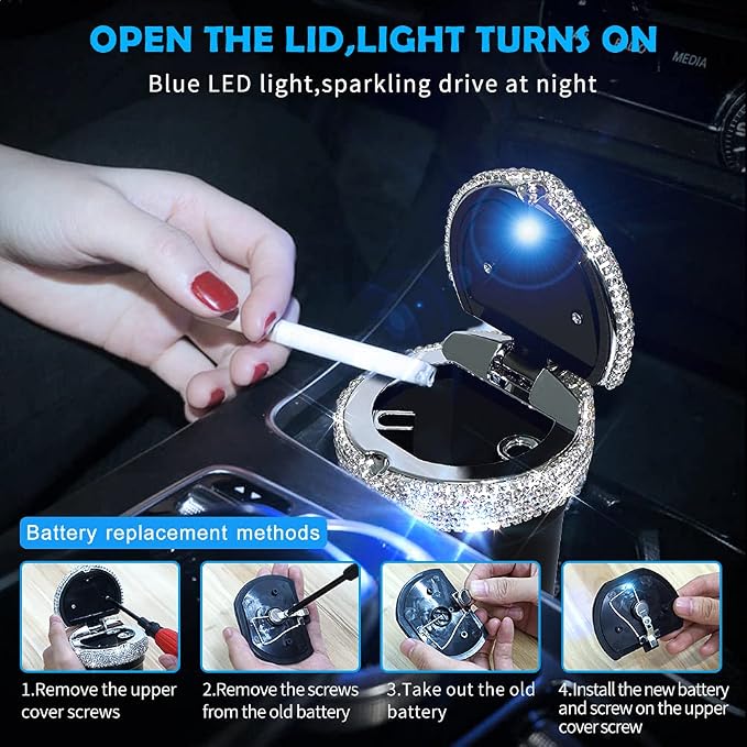 eing Car Ashtray Portable Bling Cigarette Smokeless Cylinder Cup Holder with Blue LED Light Indicator,Car Accessories for Women,Ideal for Car,Home and Office,2 - Pack Black+White