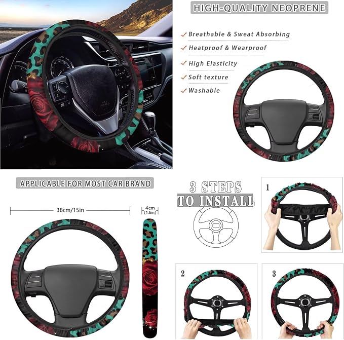 Rose Leopard Pattern Car Accessories Sets 10 Pack Elastic Front Rear Bench Bucket Seat Cover Steering Wheel Cover Car Trash Can Auto Air Vent Storage Coaster and Keychain