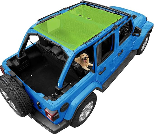 JL Top Sun Shade Roof Compatible with Jeep Wrangler 2 or 4 Door 2018 to 2023 Sunshade Sunroof Cover Blocks UV Wind Noise Green Mesh for Full Length