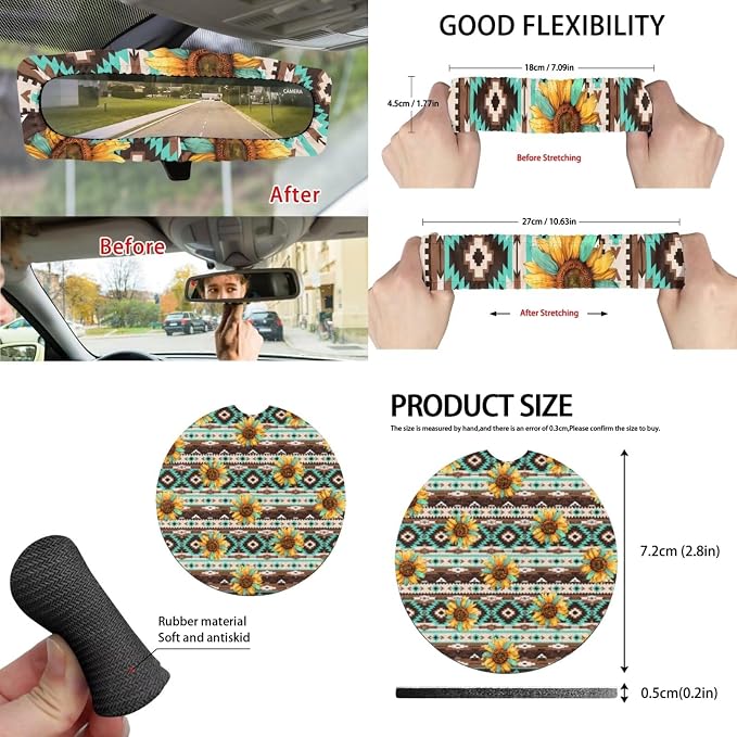 Aztec Sunflower Car Seat Covers Set of 15 with Universal Steering Wheel Cover, Rearview Mirror Cover, Car Trash Can, Seatbelt Pads, Cup Holder Coasters, Keychains