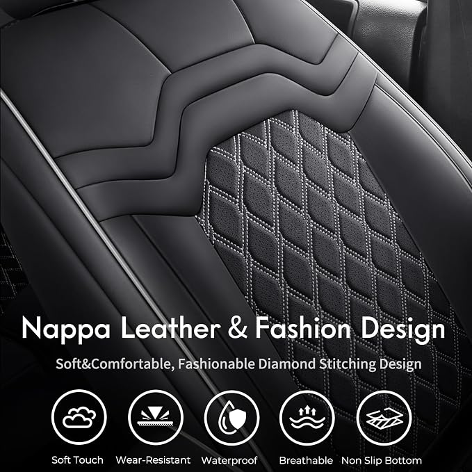 Huidasource F350 Front Leather Seat Covers Black&White, Full Wrap Automotive Seat Cushion Cover Fit for Ford F150 2015-2026, F250 F350 F450 2017-2026 All Cab XL XLT Lariat King Ranch Platinum