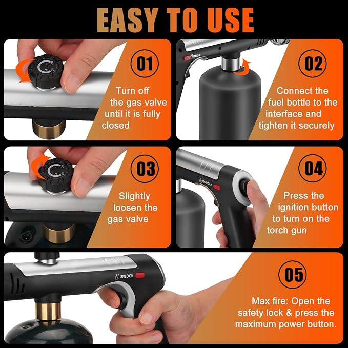 Torch Gun with One-Touch Max Fire, Flame Thrower with Safety Lock, Blow Torch Gun for BBQ, Grill, Charcoal Lighter, Cooking Flamethrower for Camping, Outdoors (Tank Not Included)