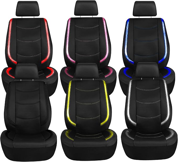 FH Group Galaxy13 Metallic Striped Deluxe Leatherette Car Seat Covers with Matching Carpet Floor Mats – Full Set, Universal Fit, Airbag Compatible for Cars, SUVs & Sedans, Yellow