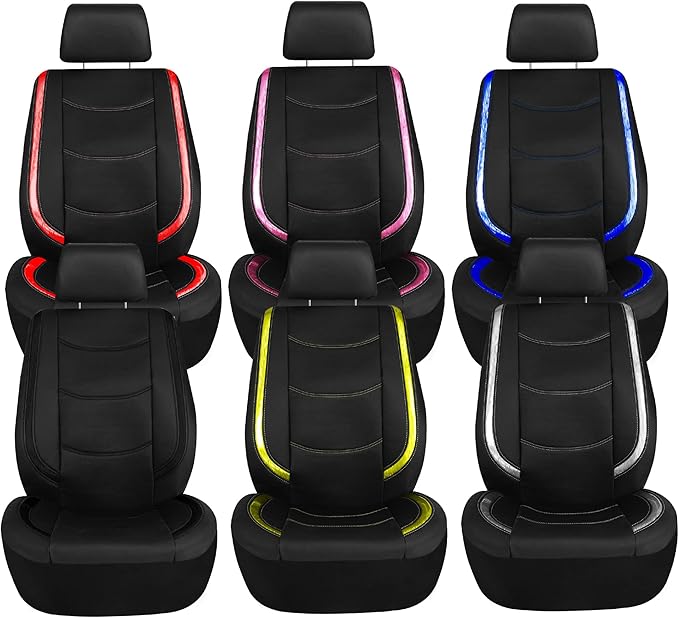 FH Group Galaxy13 Metallic Striped Deluxe Leatherette Car Seat Covers with Matching Carpet Floor Mats – Full Set, Universal Fit, Airbag Compatible for Cars, SUVs & Sedans, Pink