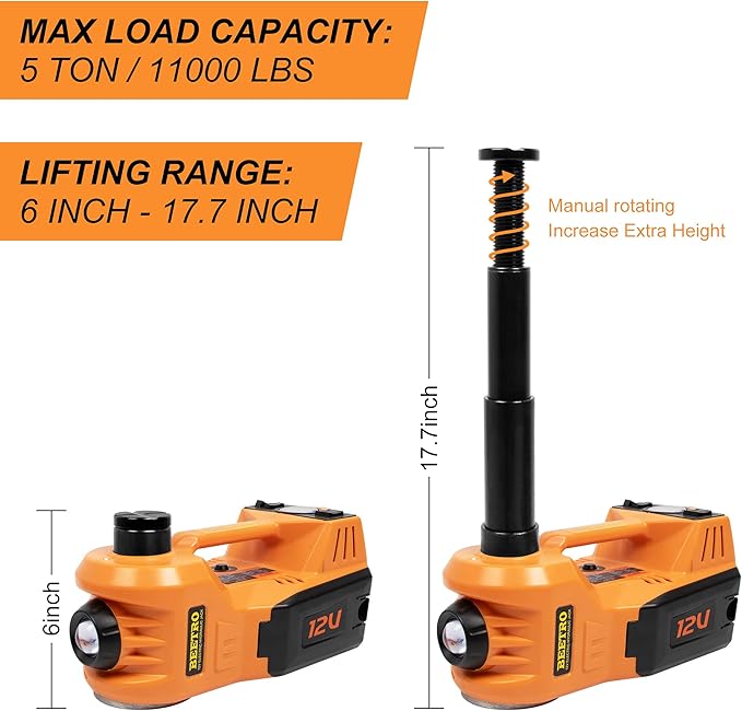BEETRO Electric Car Jack 5 Ton 12V Hydraulic Jack Kit with Inflator Pump for Car Sedan MPV Tire Changing, Lifting Range 6-17.7''