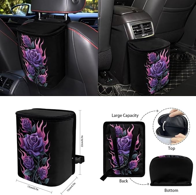 Purple Rose 15 PCS Car Seat Cover Set with Auto Steering Wheel Cover Seat Belt Strap Protector Cup Holder Trash Bag Rear View Mirror Protector Keychain