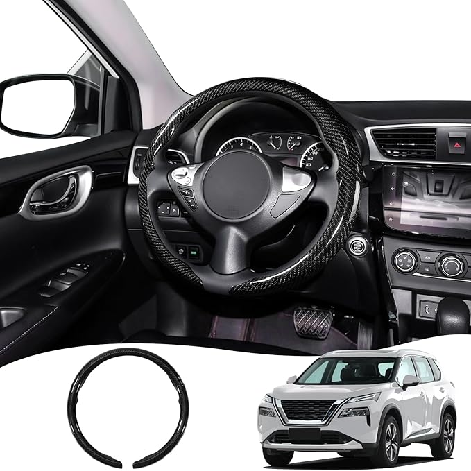Car Steering Wheel Cover for Nissan Frontier, Rogue, Altima, Sentra, Pathfinder, Titan, Skyline Carbon Fiber Pattern Protective Cover - Black Compatible with 15-inch Wheels Aftermarket Accessories