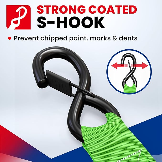 MOCA Green Heavy Duty Ratchet Tie Down Straps - 5,200 Lbs Breaking Strength 1.6" x 8', with 4 Heavy Duty Ratchet Padded Handles & Coated Chromoly S Hooks & 4 Soft Loop Tie-Downs (Green)