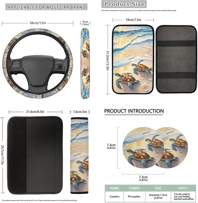 Bulopur Beach Sea Turtle Auto Seat Covers Full Set with Car Armrest Pad Seat Belt Covers Keychain American Flag Automotive Interior Decor Set for Truck SUV Van 14 Pack