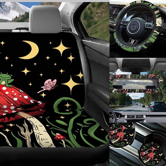 17Pcs Mushroom Car Seat Covers Set for Front and Rear Full Set,Starry Sky Mushroom Car Accessories for Women with Shoulder Pad,Car Seat Head Rest Protector for Auto Front Seat Rest Decor