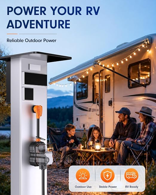 GEARGO 𝑵𝑬𝑾-𝑽𝒆𝒓 RV Surge Protector 30 Amp, 15000J Circuit Analyzer with LED Display, IP68 Waterproof Cover, High-Energy Protection, Temperature Control, RV Adapter Plug for Camper, Travel Trailer