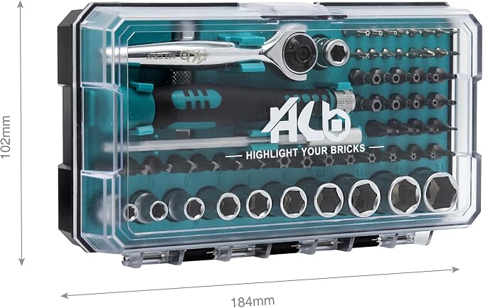 HB 62-Piece Socket and Precision Bit Set AKM026-U 90-Tooth 1/4-In Drive Swivel Head 270° Mini Ratchet Quick Release Reversible Security Bits Chrome Vanadium Steel S2 Steel Portable Case Made in Taiwan