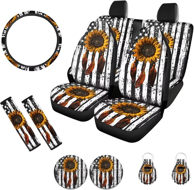 POLERO Patriotic American Flag Seat Covers for Cars Vintage Sunflower Dreamcatcher Car Seat Accessories with Steering Wheel Cover, 11pcs