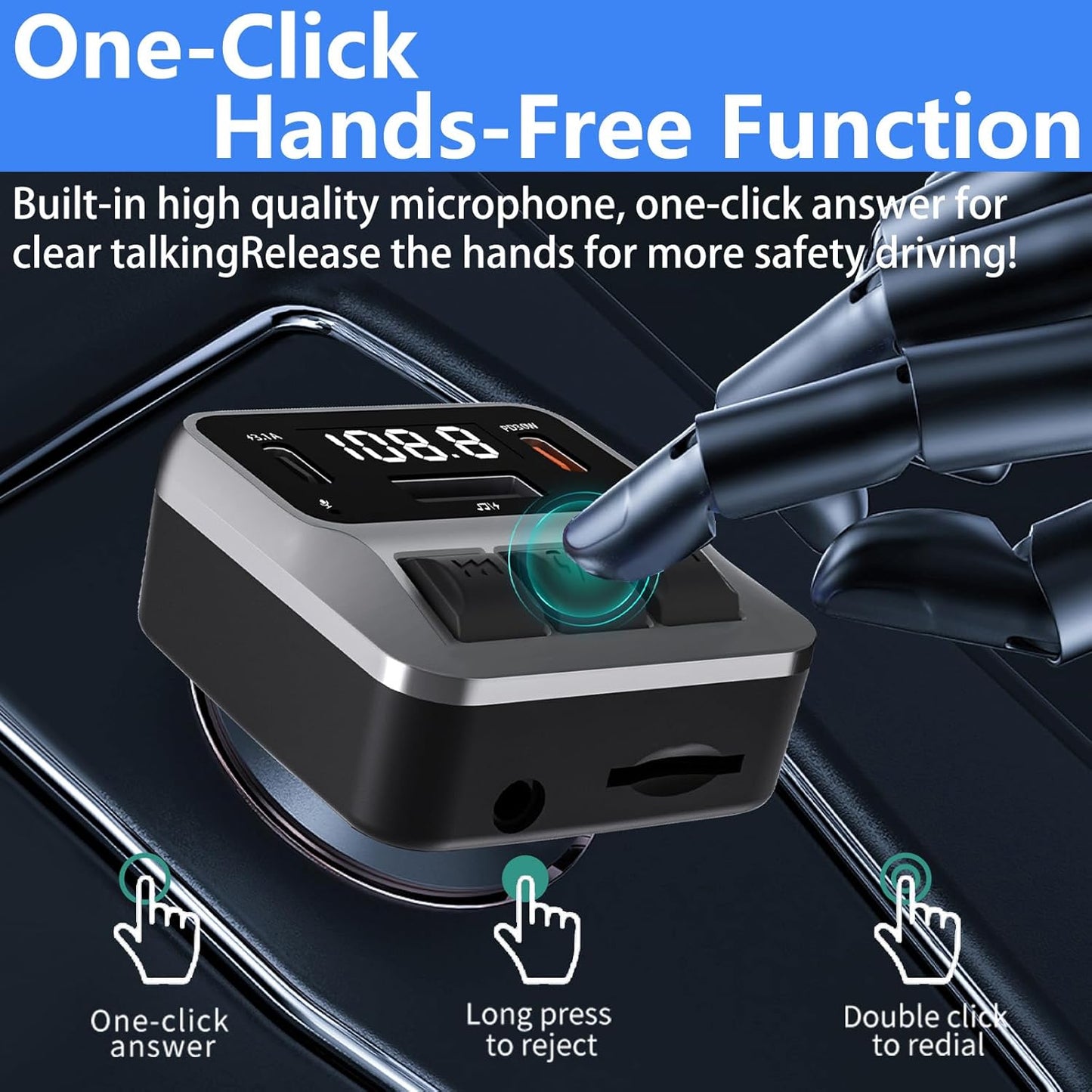 Bluetooth 5.3 FM Transmitter for Car, Bluetooth Car Adapter with Dual Type-C PD(30W) Charger Port and QC3.0 USB Port, Handsfree Calling and Audio Receiver, Support AUX, U Disk, TF Card