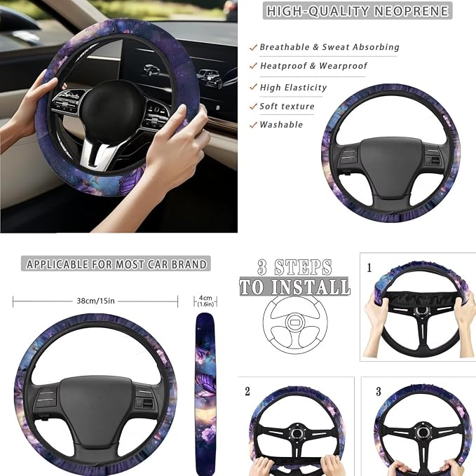 Purple Moon Galaxy Butterfly Car Seat Covers Full Set 15 Pcs Universal Car Accessories Steering Wheel Cover Seat Belt Pads Garbage Bag Car Headrest Pillow Covers Armrest Pad