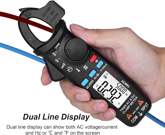 ACM91 Clamp Multimeter Digital AC DC Current Clamp Meter True RMS Auto Range 6000 Counts 100 amp Mini Meter With Temperature Capacitance NCV Measure LoZ Volts