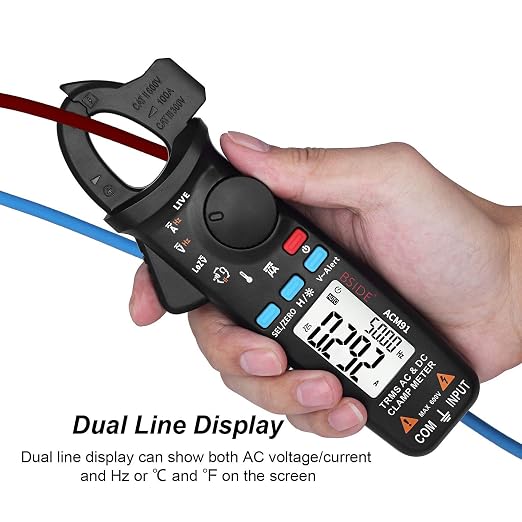 BSIDE 1mA DC/AC Clamp Meter True RMS 6000 Counts Temperature Low Impedance Voltage Amp V-Alert Live Wire Check Tester with Back Clip