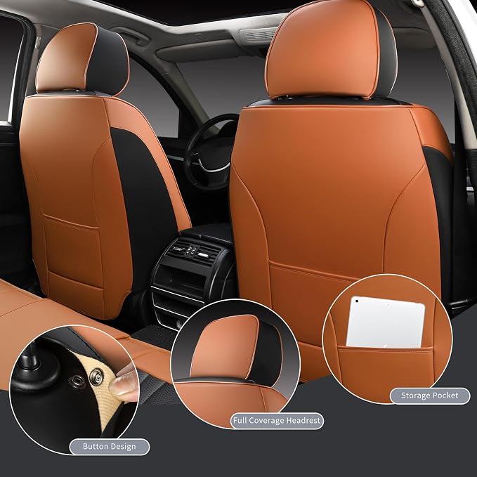 MINGBRON Leather Car Seat Covers,Car Seat Protector Waterproof,Seat Covers Full Set, Car Seat Protectors 5 Seats,Automotive Seat Covers Fit Most Cars Black&Brown