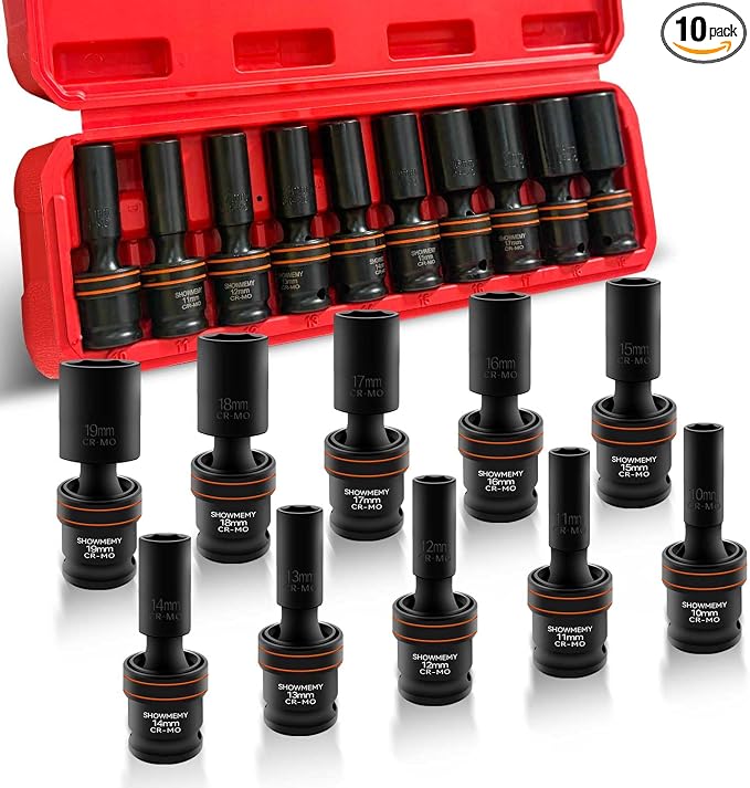 Drive Impact Universal Joint Socket Set, 6 Points, Deep Swivel Socket Set, Cr-Mo Steel. Heavy Duty Storage Case (Metric 3/8(Deep 10Pcs)