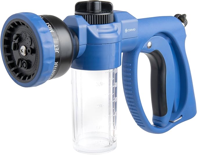 Corvid Adjustable Nozzle with Soap Dispenser, 8-Pattern Spray Hose Nozzle for Cleaning Cars, House, and Pets - Lightweight Plastic Design
