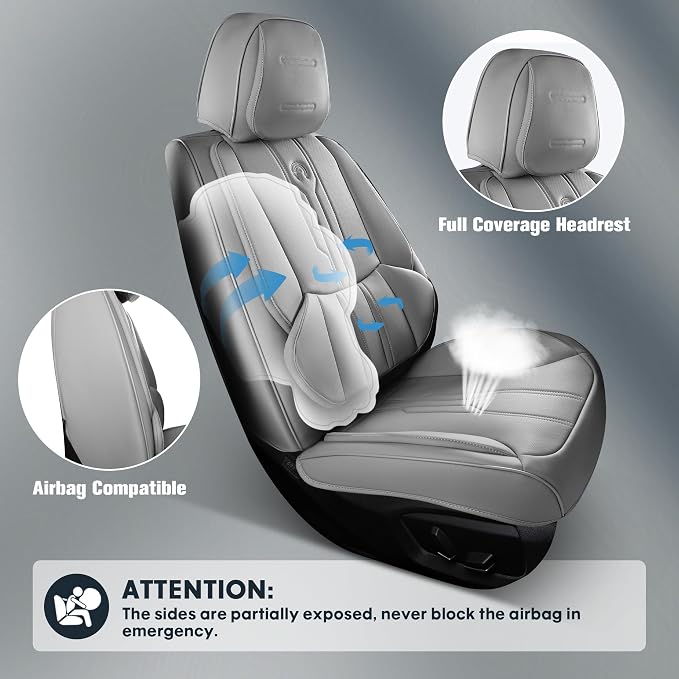 AOOG Seat Covers Custom Fit for Dodge Ram 1500/2500/3500 2002-2026 Faux Leather Seat Cover Set Compatible with Crew, Regular, Quad, Mega Cab, Car Truck Cushions (Grey, Curved Rear, Full Set)