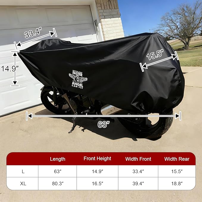 Dream Apparel Motorcycle Half Cover, Waterproof Motorcycle Cover for Outdoor, Rain Snow Dust Protection Universal Fit Heavy Duty Motorbike Vehicle Cover with Storage Bag, Black with Wing Wheel L