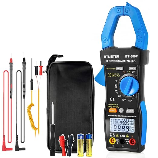 BTMETER 3-Phase True-RMS Power Clamp Multimeter with 9999 Counts, AC/DC Voltage & Amperage, KW/HP, Power Factor, KVA/VAR, Inrush Current & Temperature Test, Electrical Teste 580P